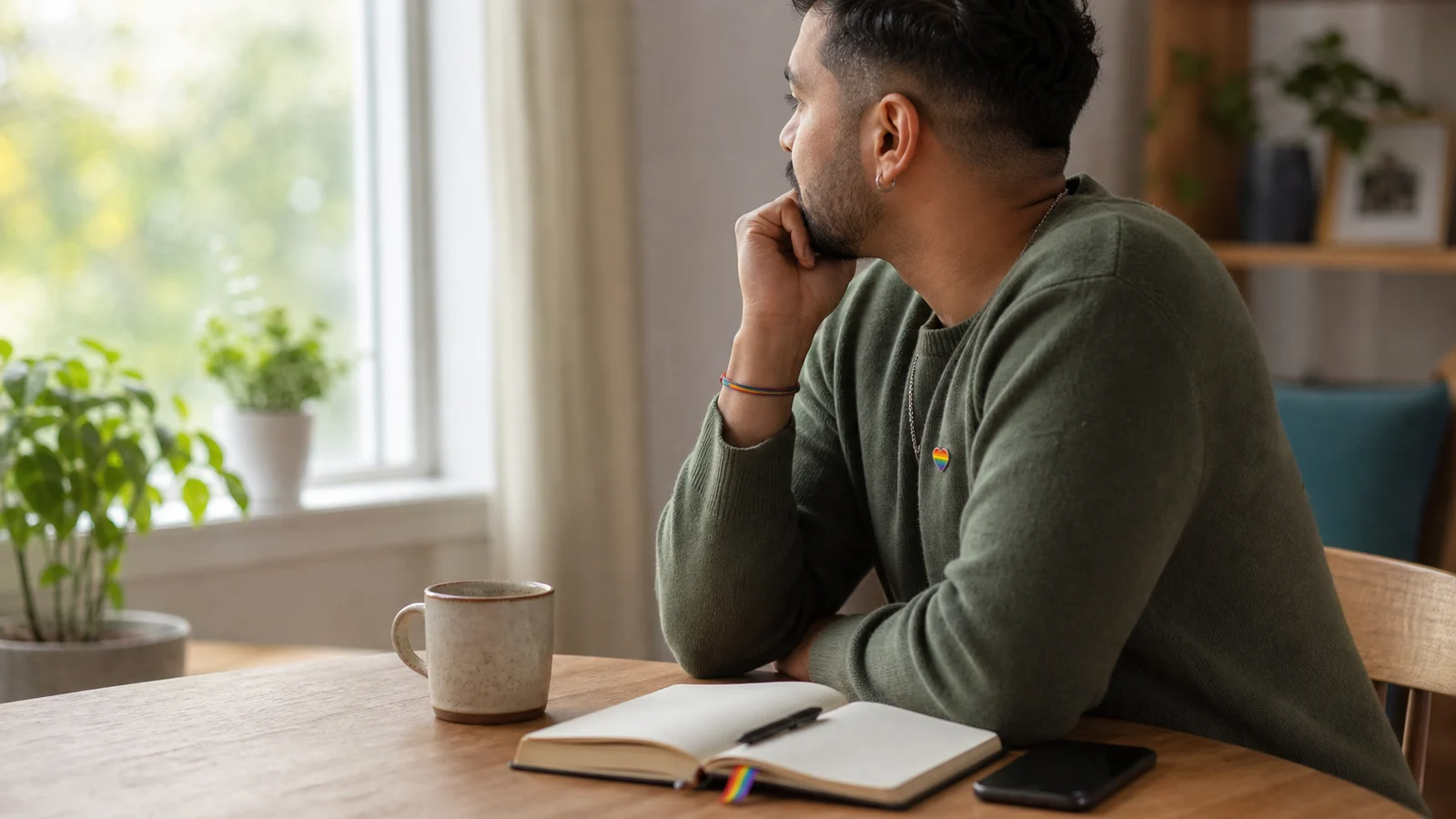 A man sitting near a window with tea, a journal, and a phone turned face down