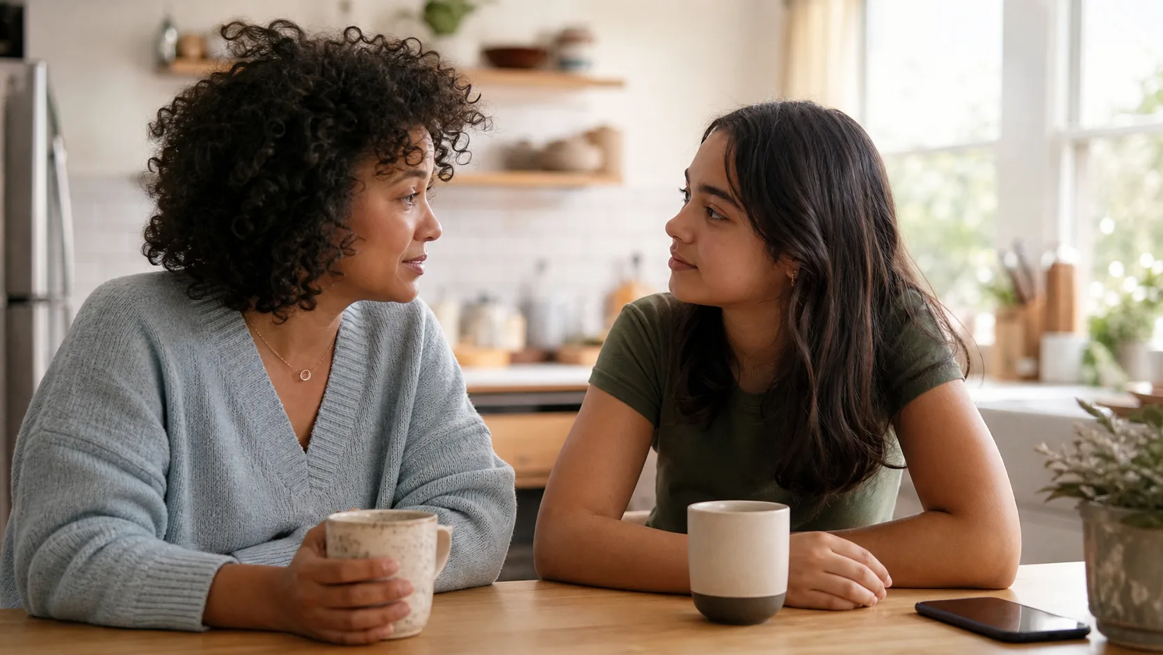 A calm family conversation at a kitchen table with a phone set aside, warm natural light, no visible AI or robot imagery.