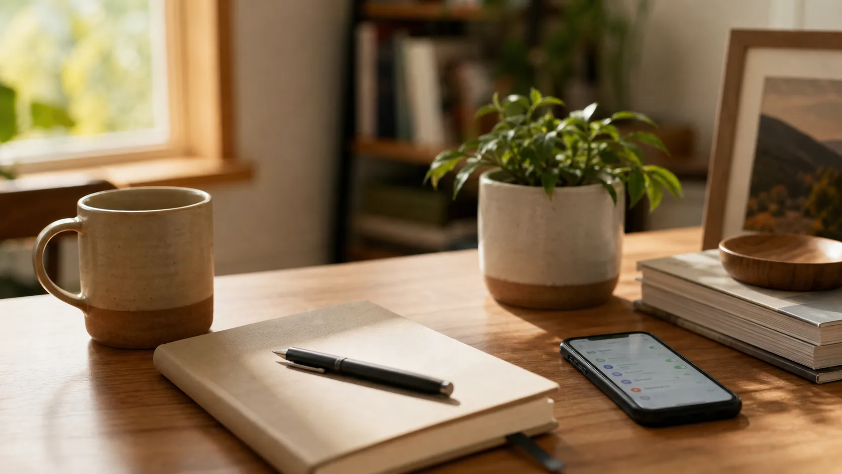 A thoughtful adult reviewing privacy settings on a phone at a quiet desk with a notebook and soft daylight, no visible AI or robot imagery.