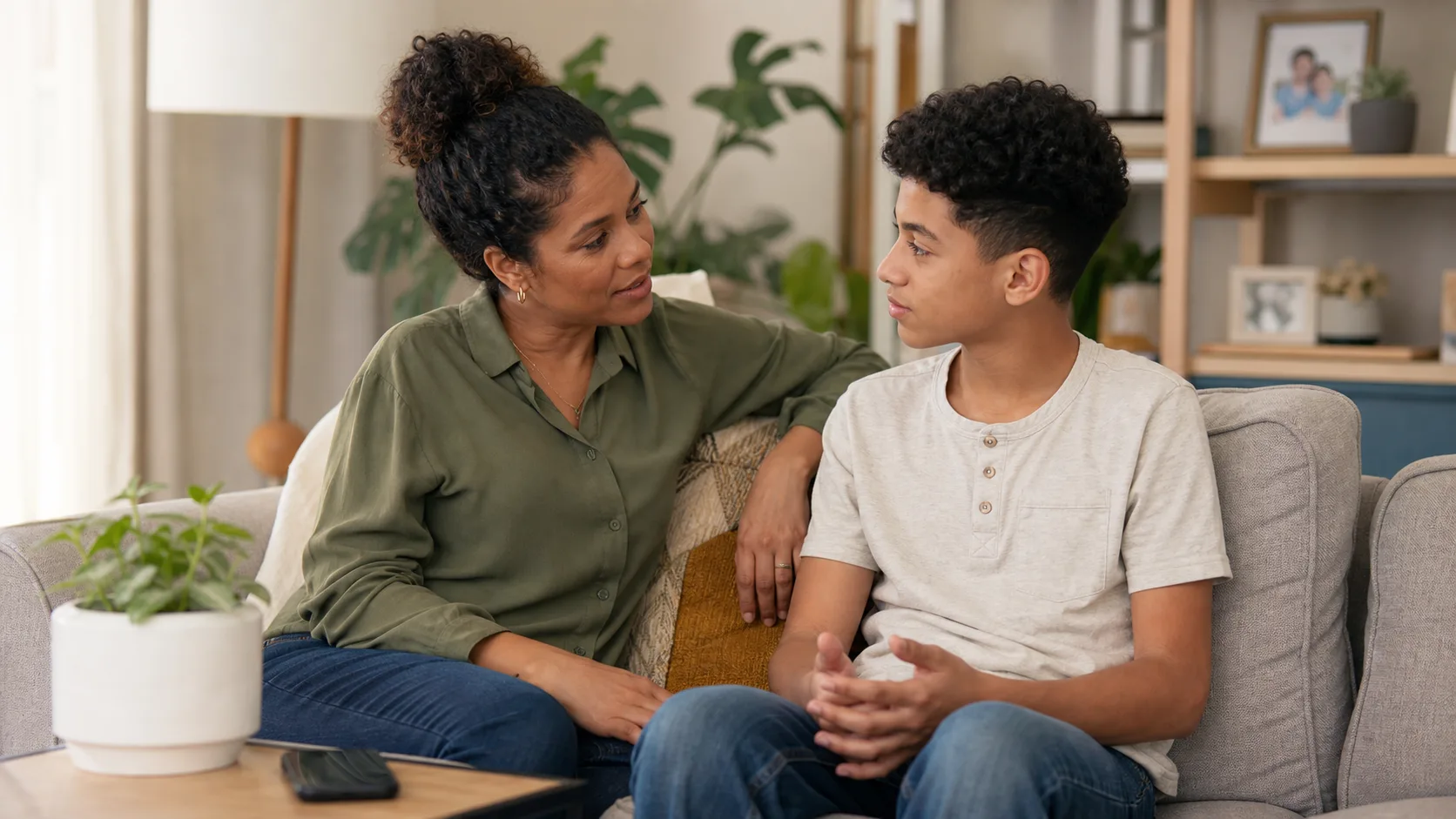 A parent and teenager sitting together on a sofa in a calm living room conversation, phone visible but not central, no visible AI or robot imagery.